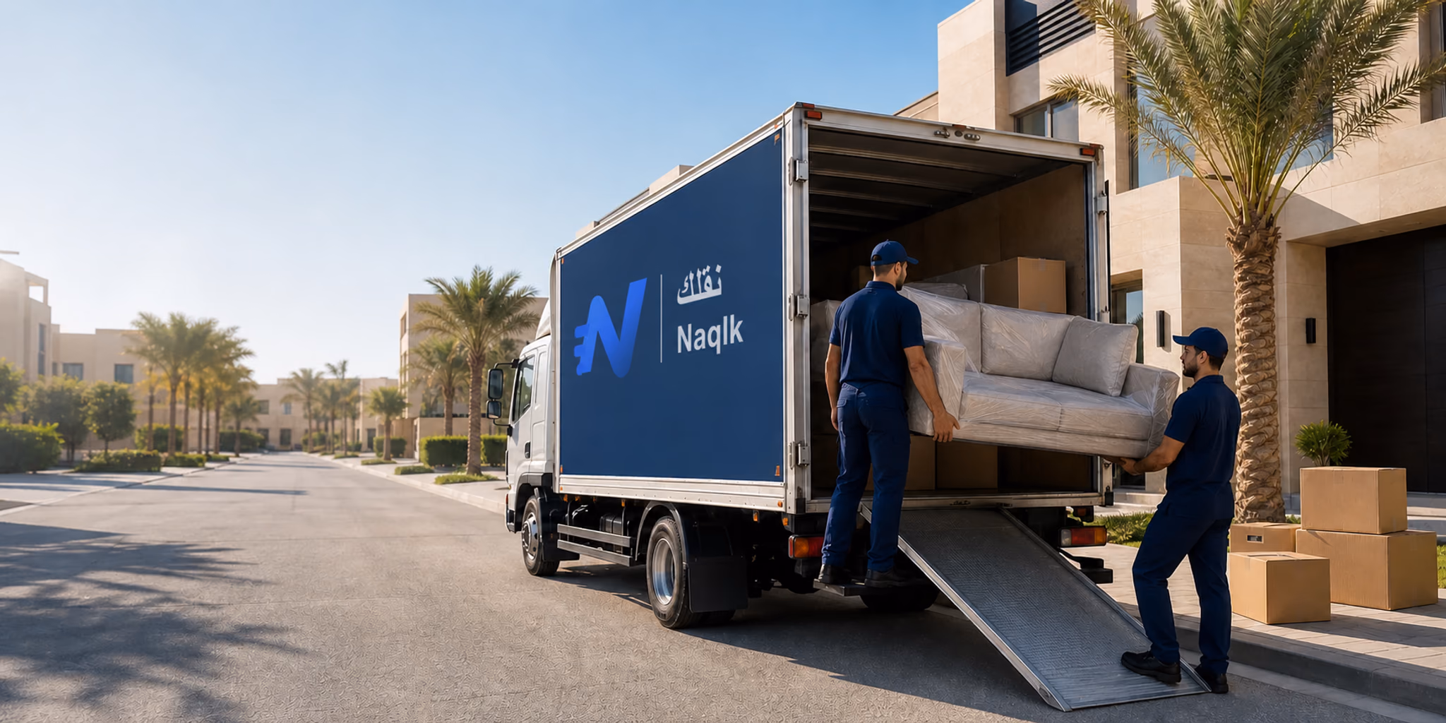 A moving team loading furniture into a branded Naqlk truck in Riyadh